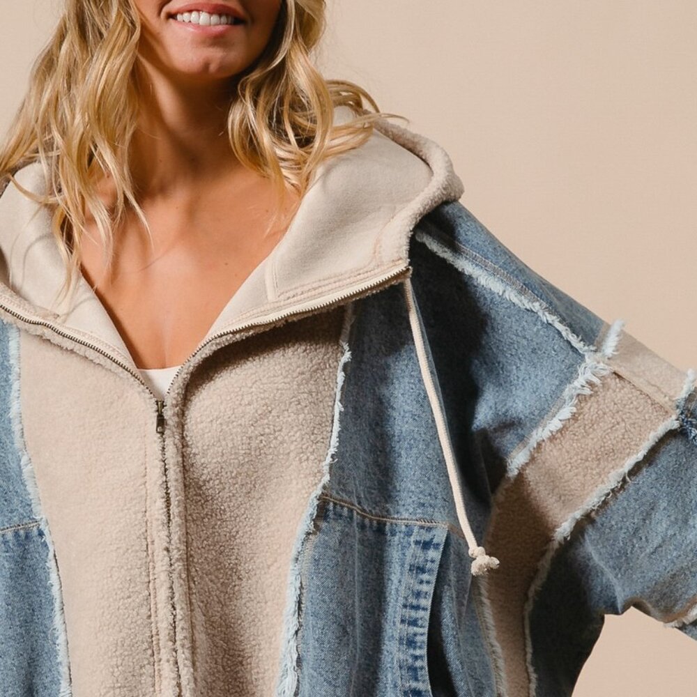 BIBI Oversized Patchwork Hoodie – Denim & Sherpa Zip Up, Streetwear Style - Picture 3 of 15